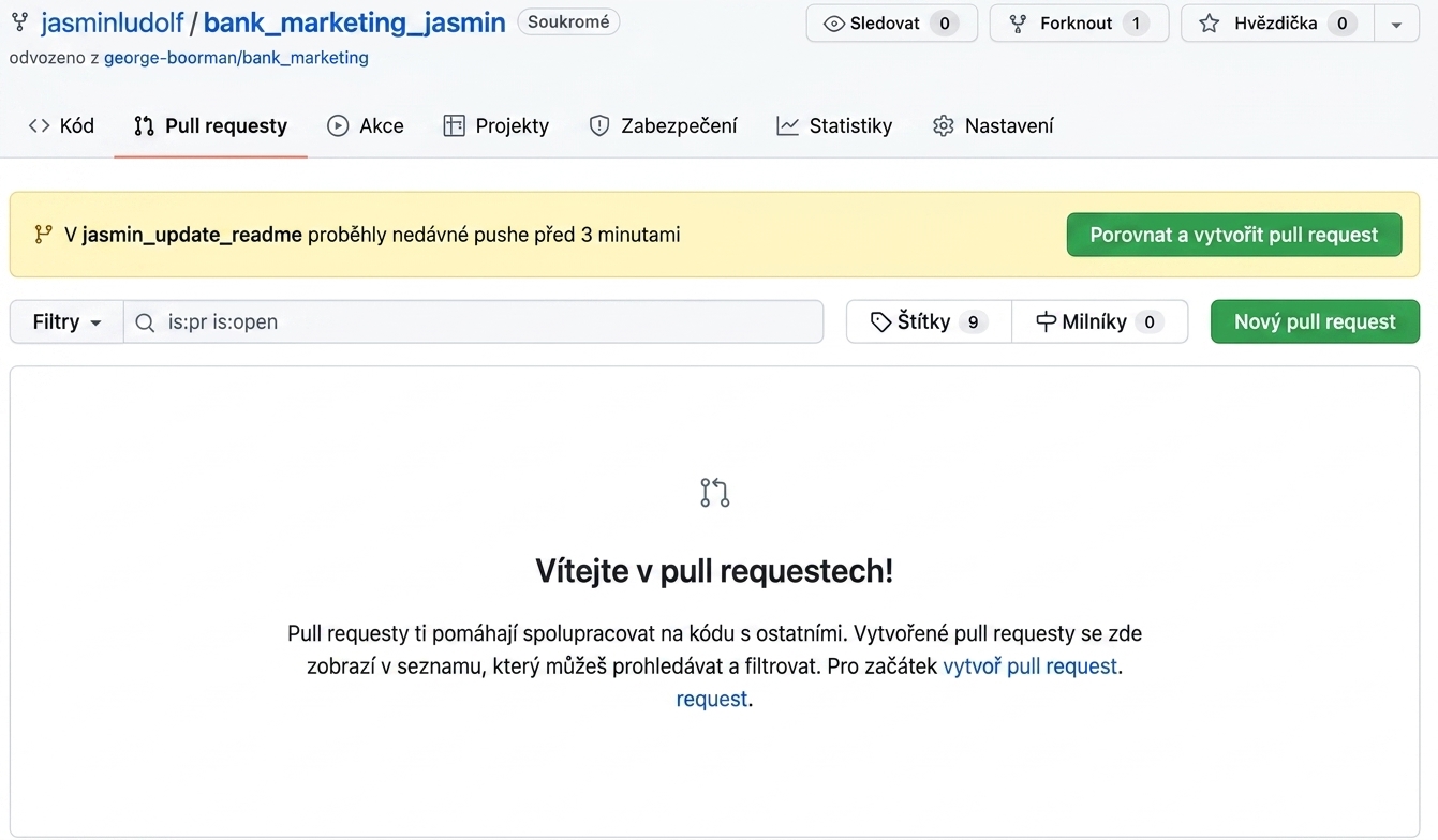 Zobrazení záložky pull requestů ve forknutém repozitáři