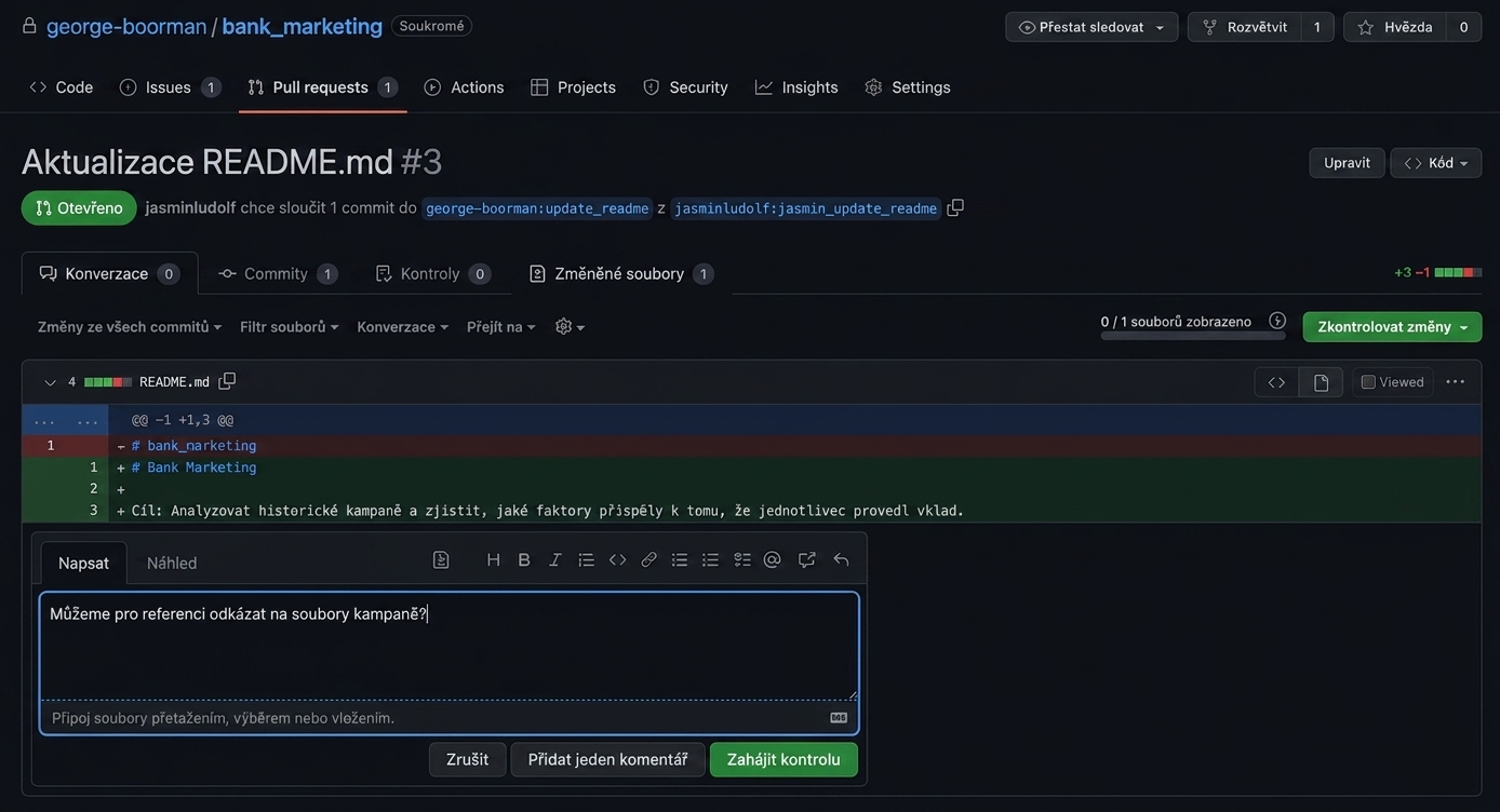Pohled vlastníka na záložku změněných souborů v PR s polem pro komentář k jednomu řádku
