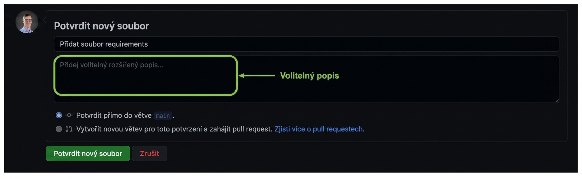 Volitelné pole rozšířeného popisu ponechané prázdné