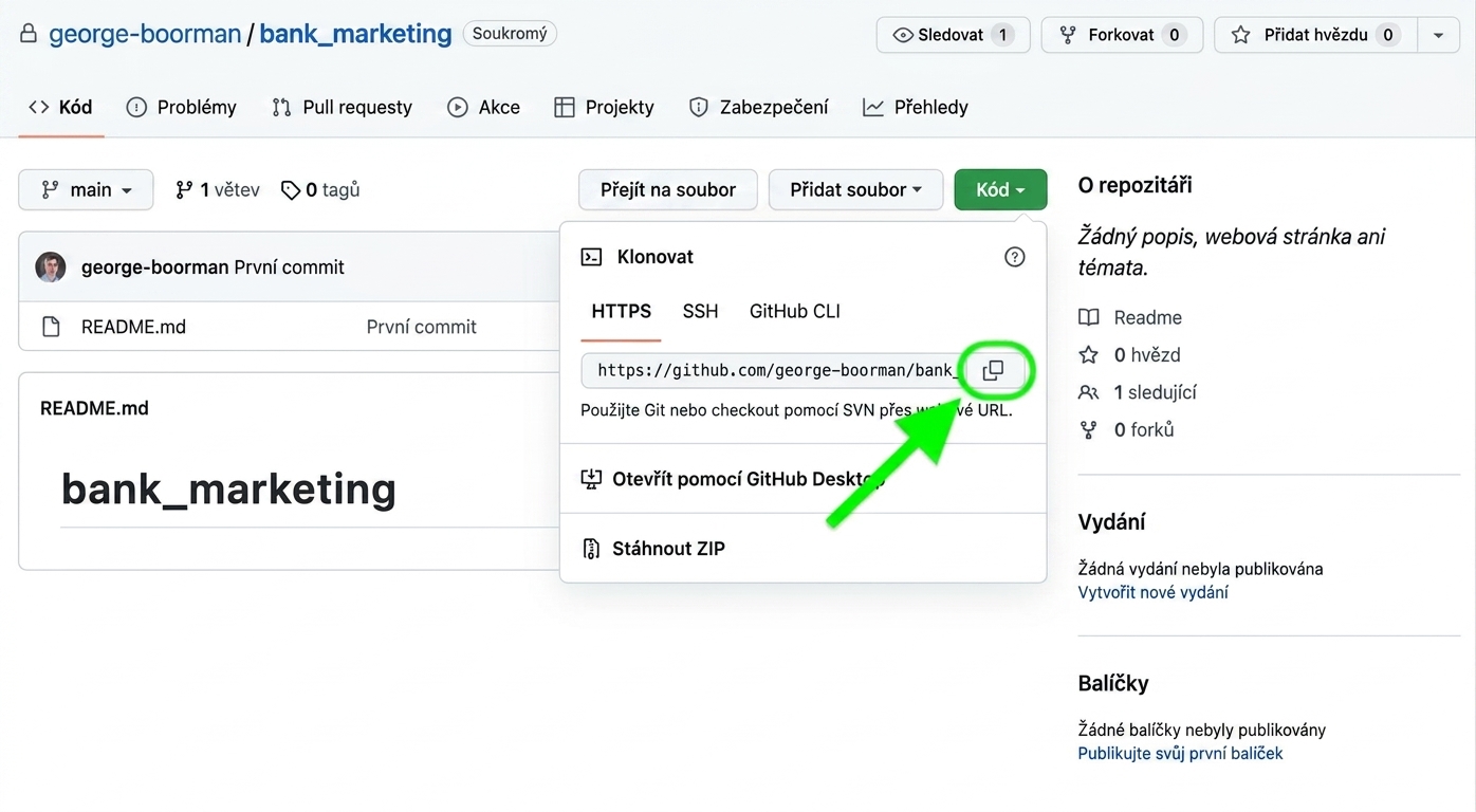 Zobrazení rozevírací nabídky po kliknutí na tlačítko Code v repozitáři GitHub – ikona kopírování je zvýrazněna.