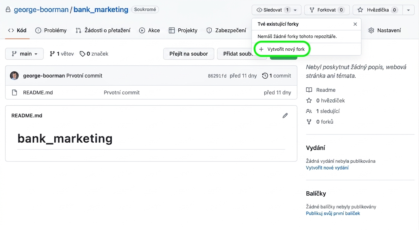 Snímek obrazovky hlavního zobrazení soukromého repozitáře bank marketing vlastněného Georgem Boormanem s rozevírací nabídkou tlačítka Fork a zvýrazněným tlačítkem Create new fork