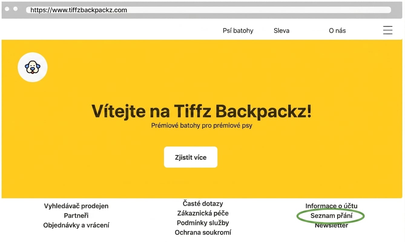 Wishlist Tiffz Backpackz na úvodní stránce