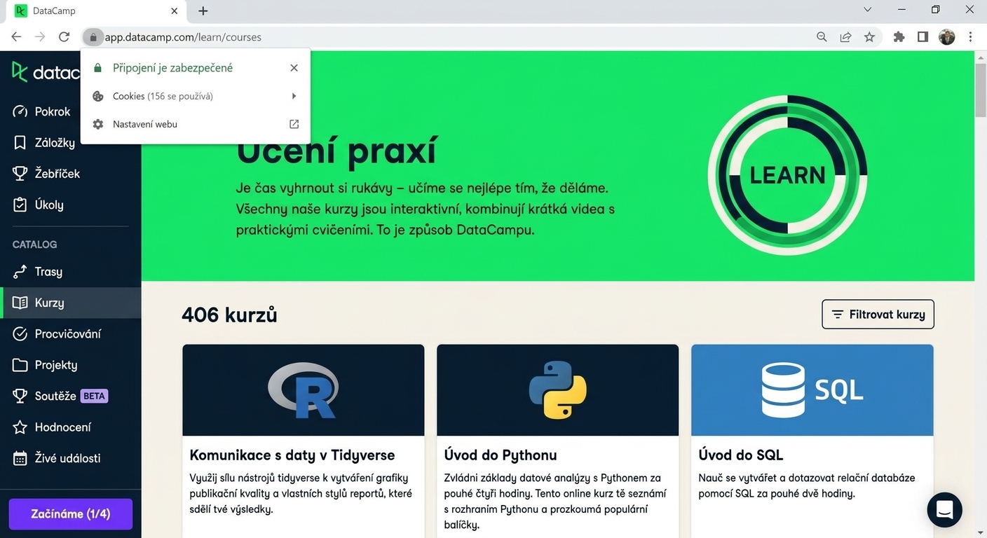 Příklad HTTPS na úvodní stránce DataCamp