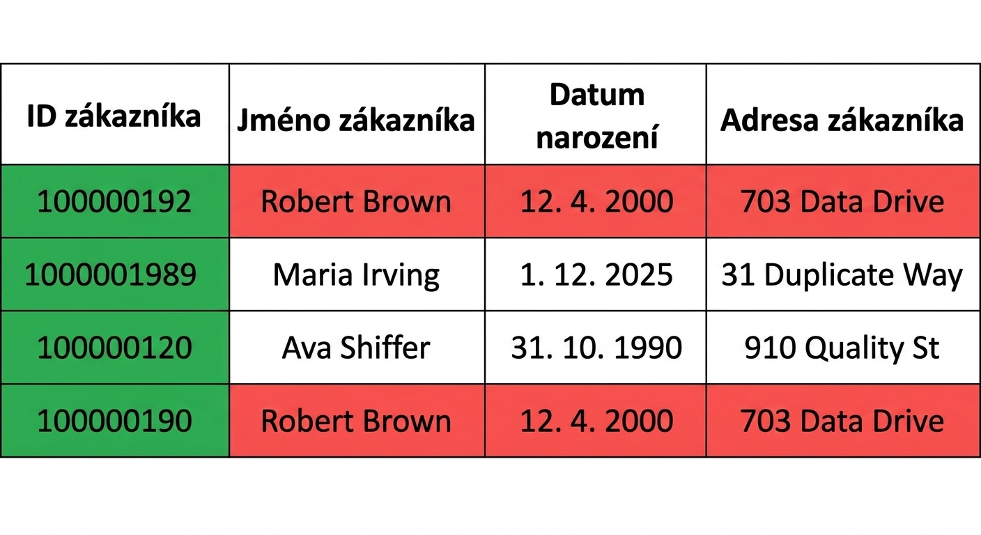 tabulka zobrazující pravidlo kvality dat jedinečnosti