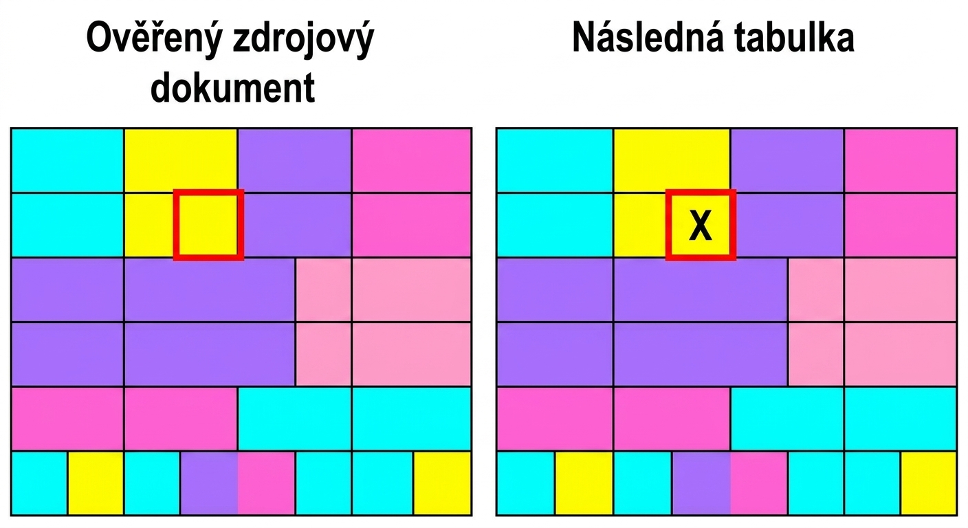 dvě tabulky symbolizující ověřený zdroj a navazující tabulku s jednou nesprávnou hodnotou