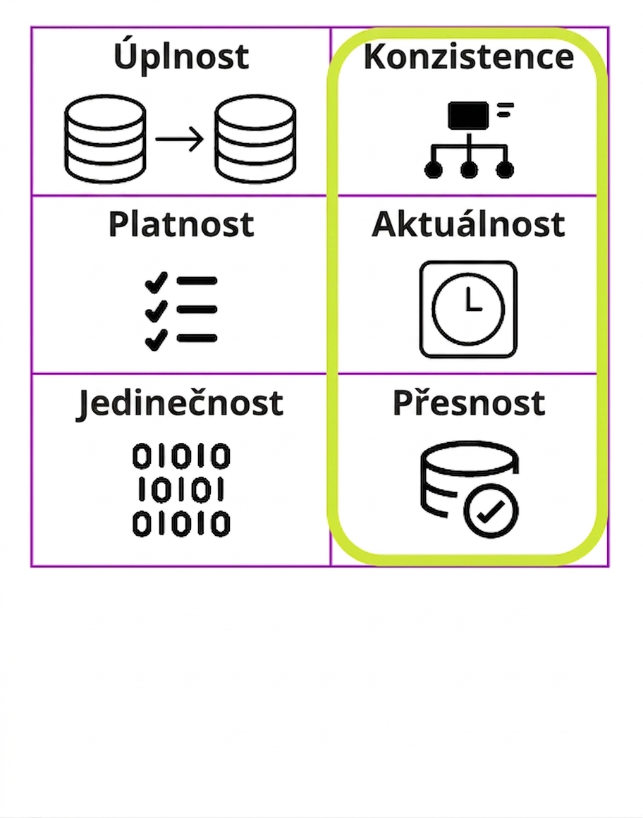 tabulka se šesti dimenzemi kvality dat; zvýrazněny konzistence, včasnost a přesnost
