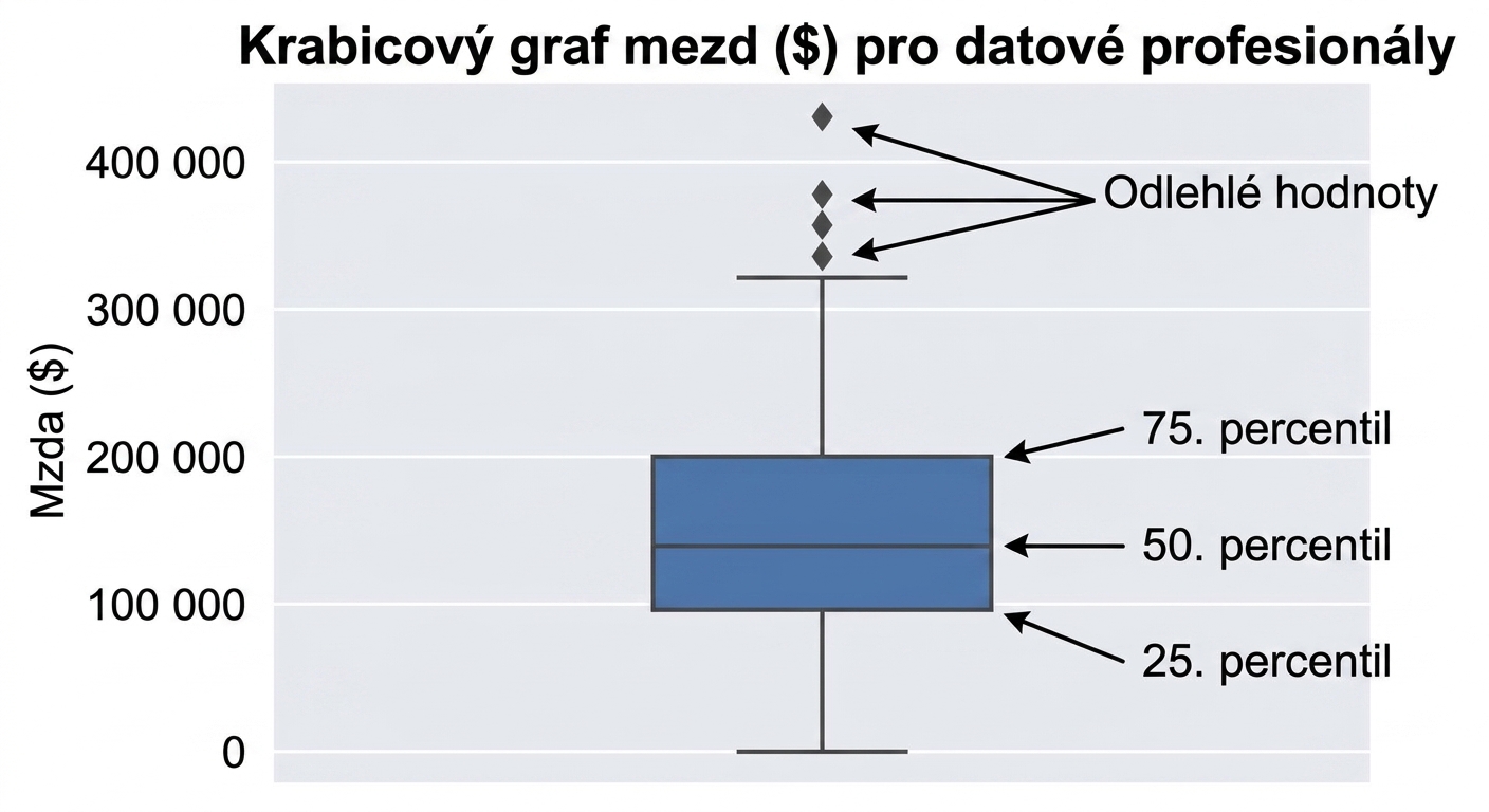 Krabicový graf platů datových specialistů zobrazující 25. percentil ve spodní části krabice, 50. percentil jako střední čáru, 75. percentil v horní části krabice a odlehlé hodnoty jako kosočtverce mimo krabici