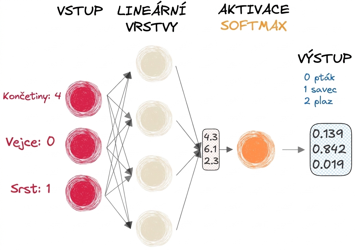 Diagram části neuronové sítě se vstupy, vektorem jako výstupem lineárních vrstev, softmaxovou aktivační funkcí a výstupem