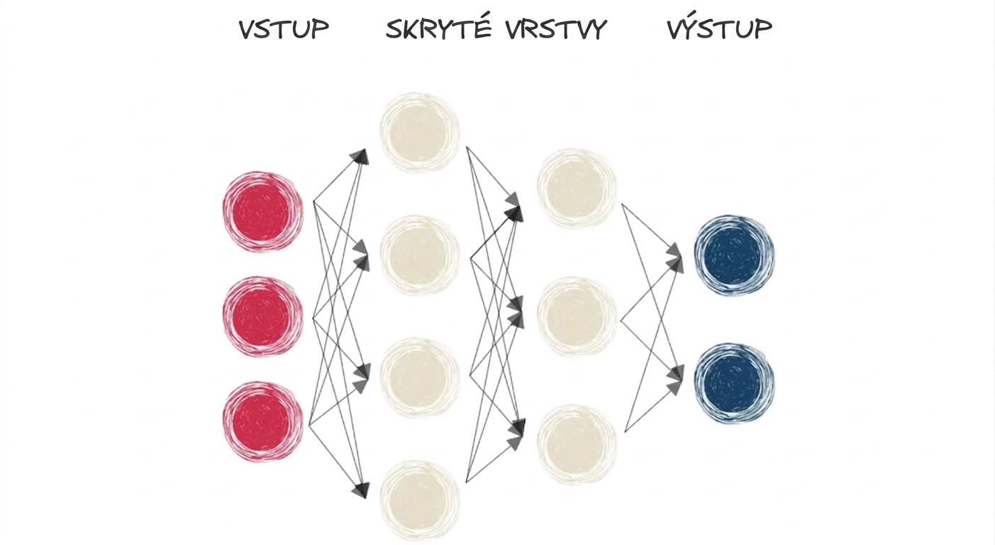 Diagram neuronové sítě se vstupem, skrytou vrstvou a výstupem