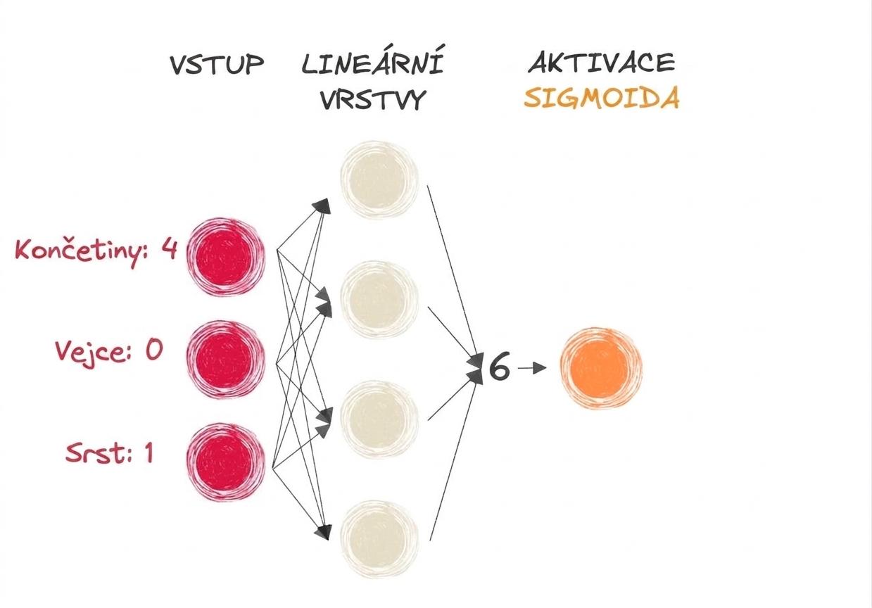 Diagram části neuronové sítě se vstupy, číslem 6 jako výstupem lineárních vrstev a sigmoidální aktivační funkcí