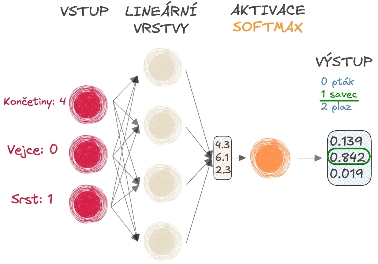 Diagram části neuronové sítě se vstupy, vektorem jako výstupem lineárních vrstev, softmaxovou aktivační funkcí a výstupem