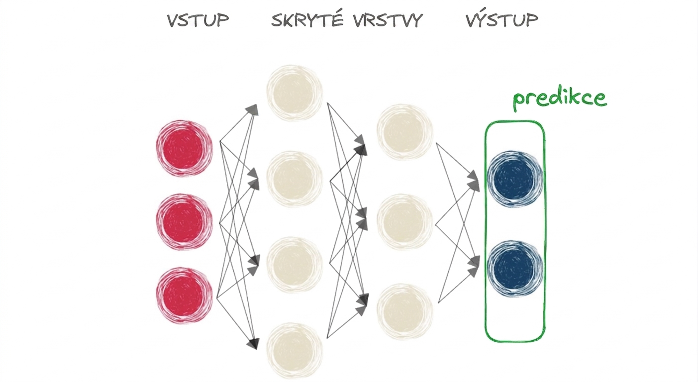 Diagram neuronové sítě se vstupem, skrytou vrstvou a výstupem
