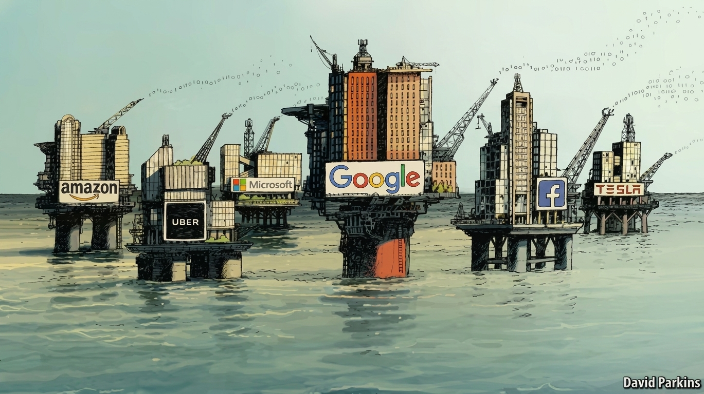 Ilustrace z časopisu Economist o tvrzení, že data jsou nová ropa, s logy technologických společností na strukturách připomínajících ropné plošiny.