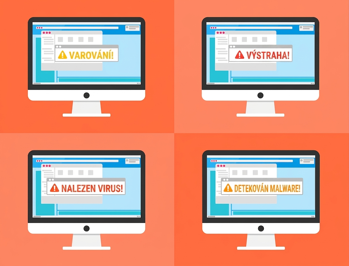 Ilustrace narušení bezpečnosti se čtyřmi počítači zobrazujícími varovné znaky: upozornění, výstraha, nalezený virus, detekovaný malware.