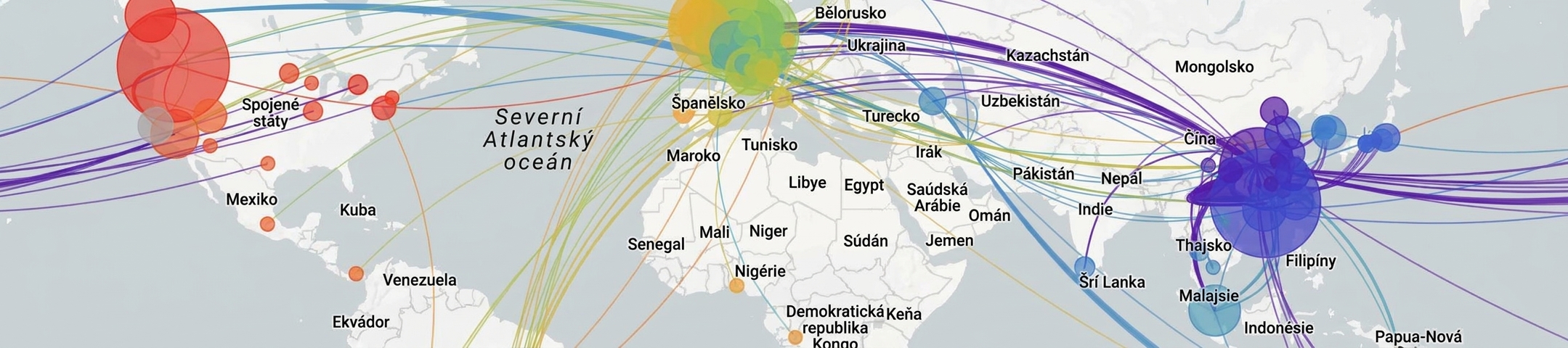 Mapa znázorňující epicentra a šíření pandemie Covid-19