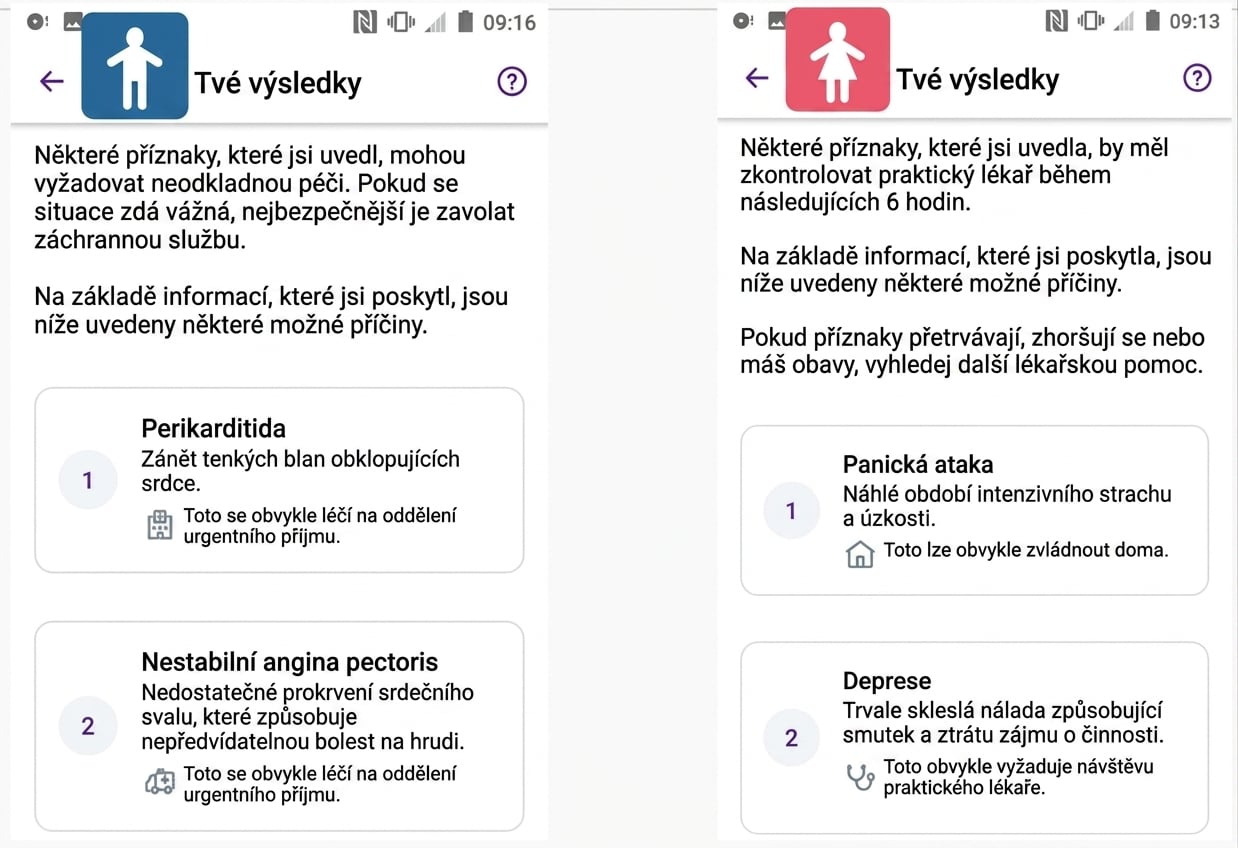 Snímek obrazovky diagnózy zdravotní aplikace pro příznaky srdečního infarktu u mužů a žen.