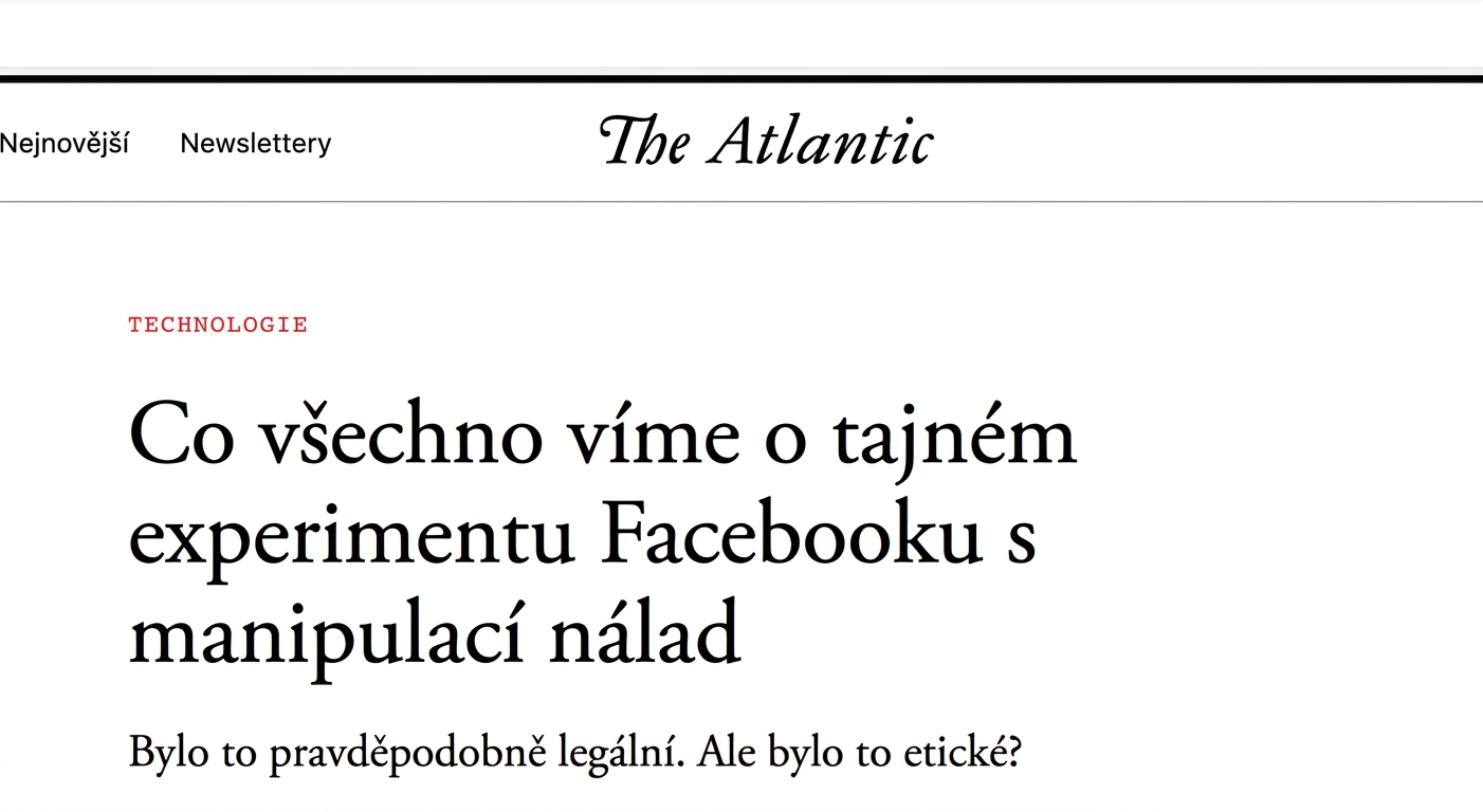 Snímek online článku z The Atlantic o manipulativním sociálním experimentu Facebooku.