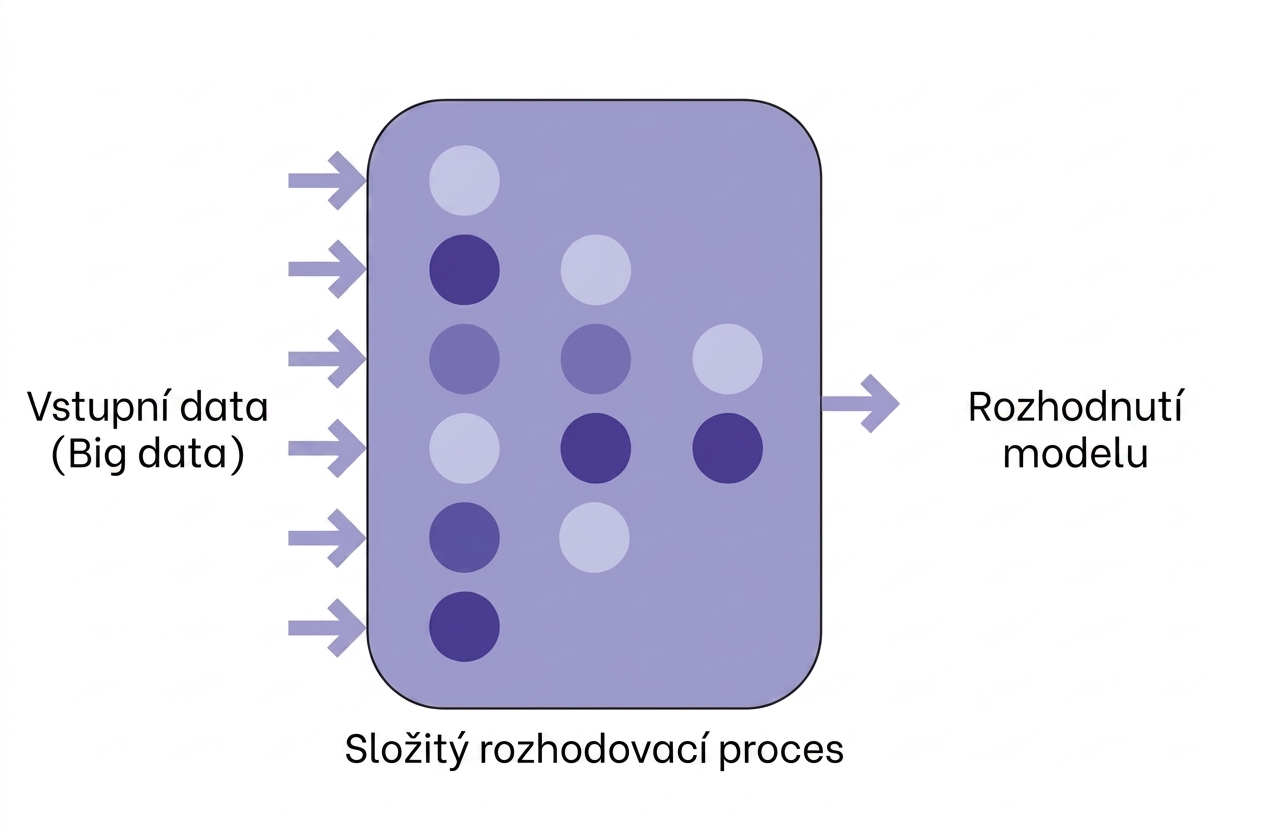 Ilustrace AI se vstupními daty a rozhodováním modelu.