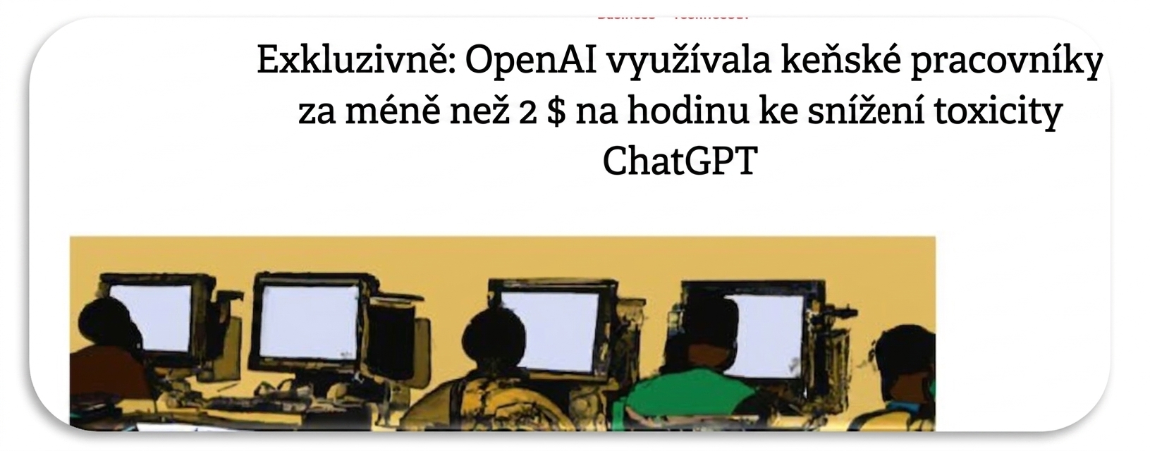 Snímek obrazovky článku časopisu TIME o vykořisťování keňských pracovníků při čištění a označování dat pro zlepšení ChatGPT.