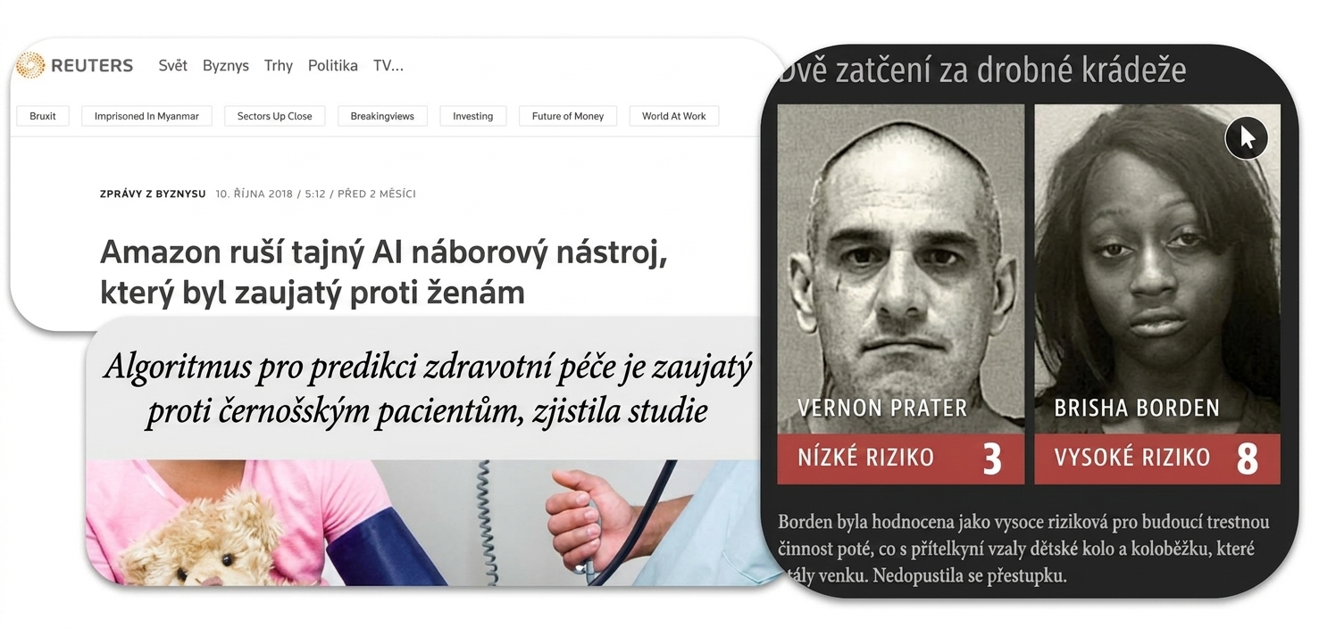 Koláž snímků zpravodajských článků o diskriminaci způsobené algoritmy AI