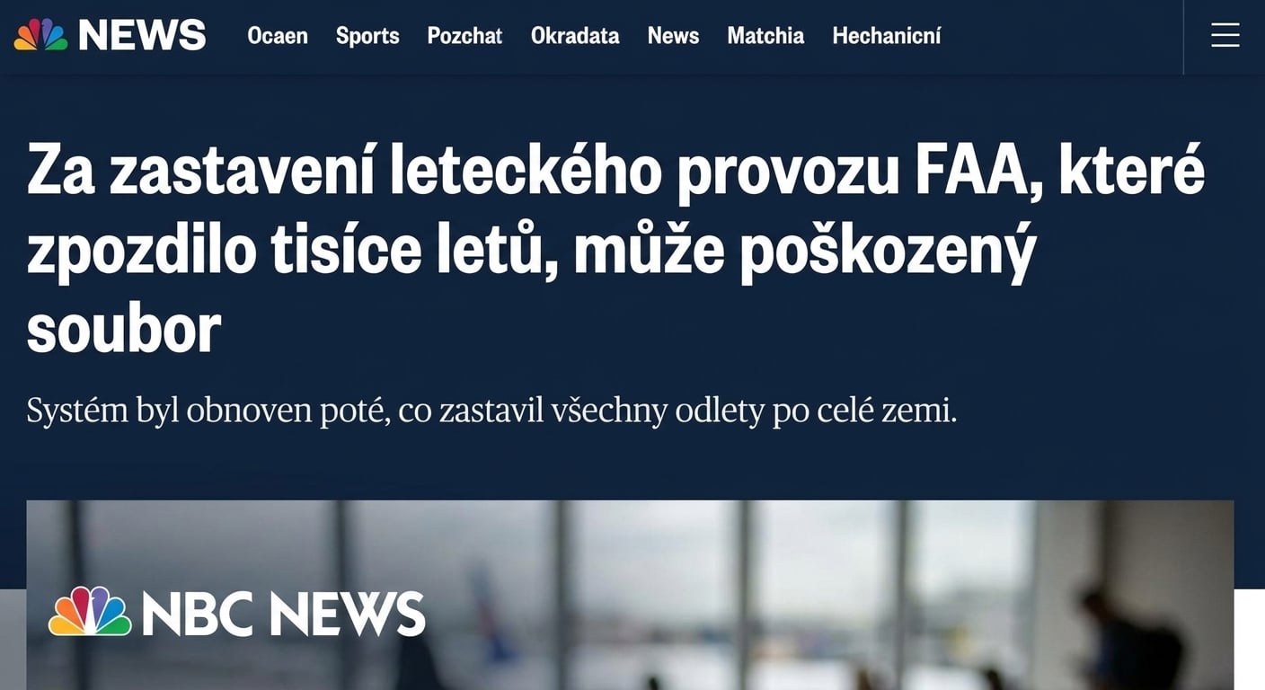 Snímek zpravodajství NBC o přerušení letového provozu v USA