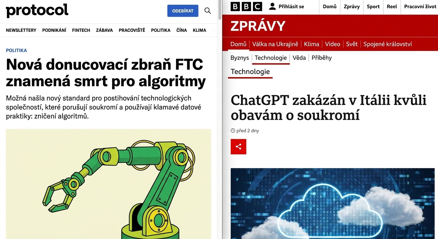 Snímky zpráv o sankcích FTC a italských orgánů vůči firmám za nedostatečnou ochranu dat.