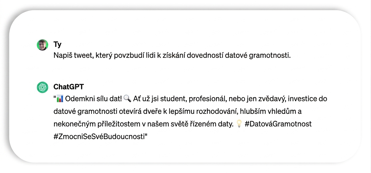 Tweet vygenerovaný ChatGPT s textem: " Unlock the power of data!  Whether you're a student, professional, or simply curious, investing in data literacy skills opens doors to better decision-making, deeper insights, and endless opportunities in our data-driven world.  #DataLiteracy #EmpowerYourself"