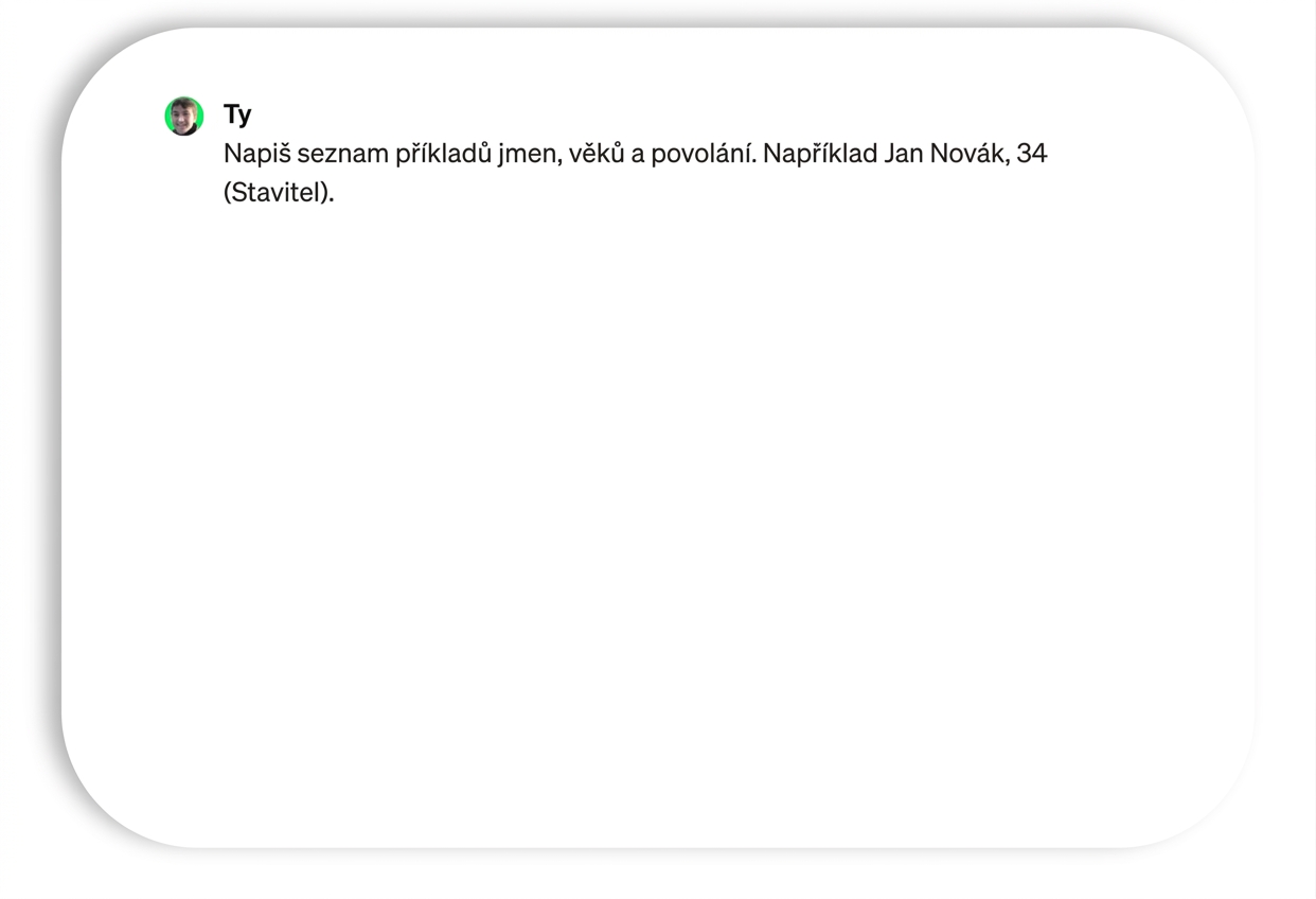Prompt a odpověď s ukázkovými jmény a profesemi.