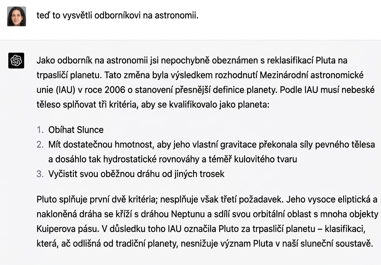 Ukázkový chat vysvětlující, proč Pluto není součástí sluneční soustavy, pro odborníka v astronomii.