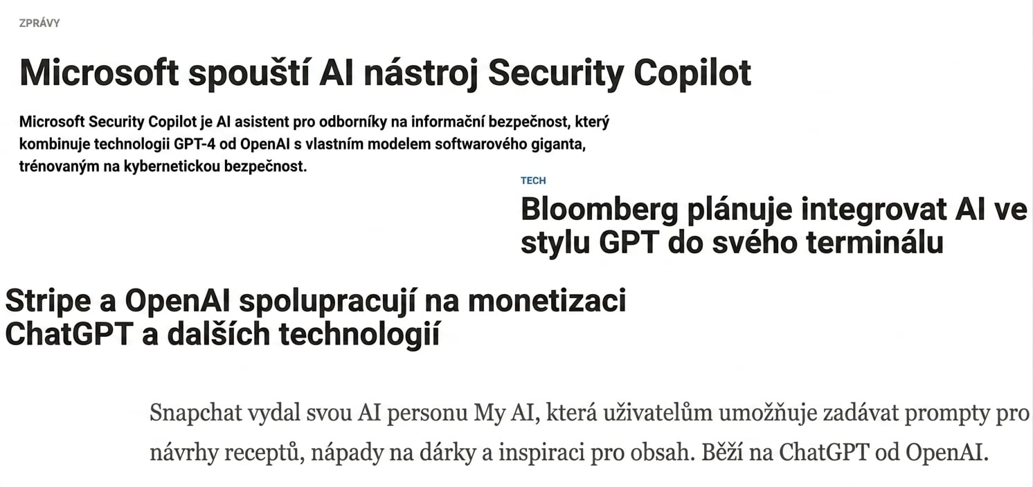 Obrázek představující články o firmách, které spěchají využít LLM.