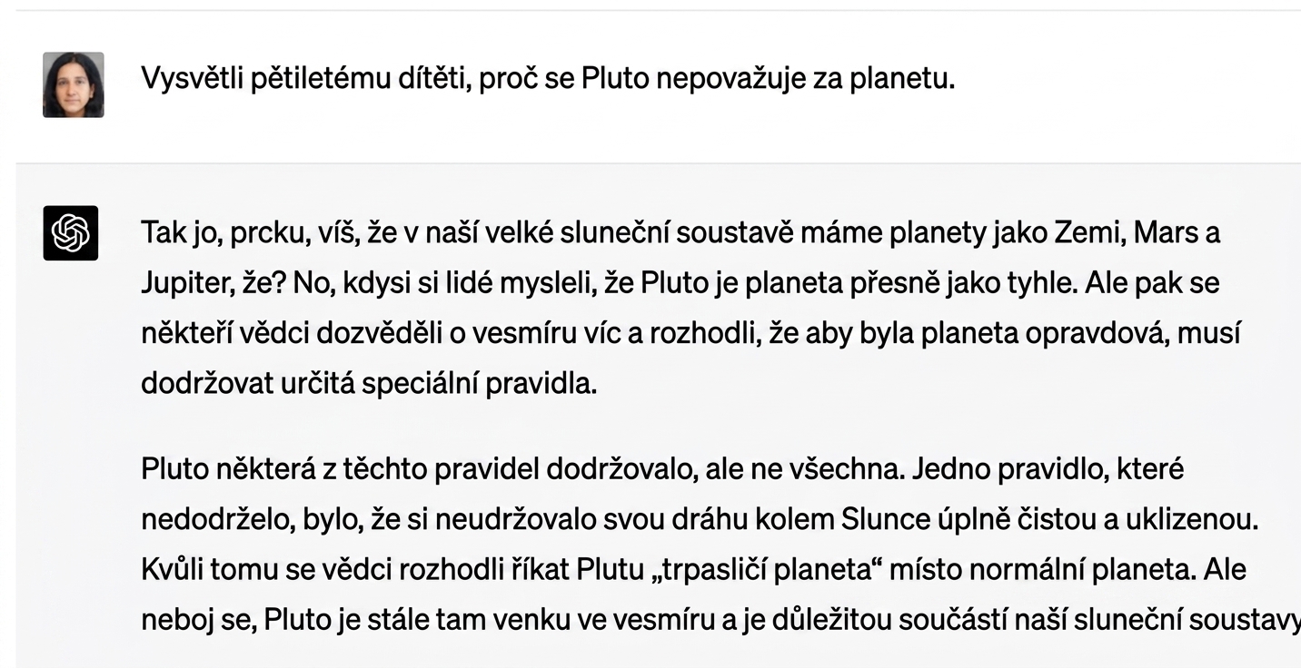 Ukázkový chat vysvětlující, proč Pluto není součástí sluneční soustavy, pro pětileté dítě.