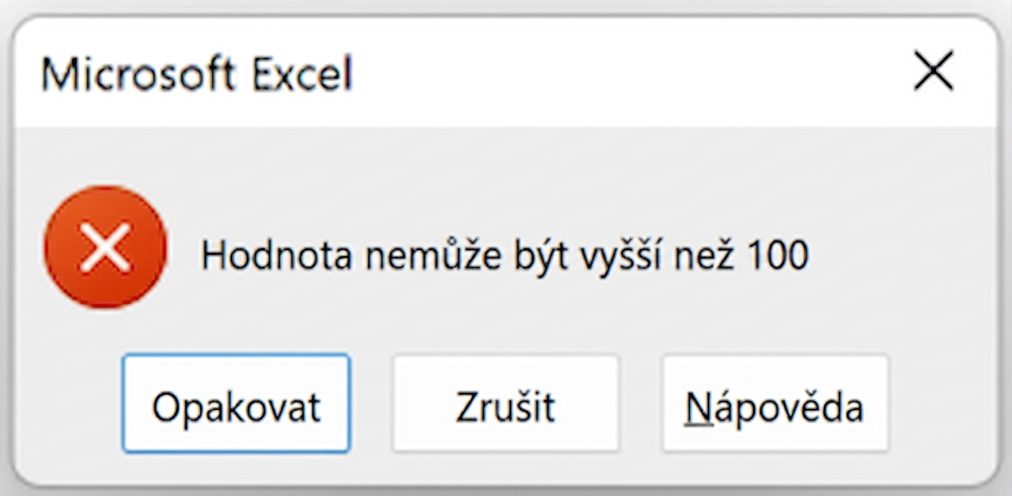 Příklad pravidla ověření dat nastaveného ve sloupci testových výsledků vzorové datové sady, kde jsou přijímány pouze hodnoty od 0 do 100.