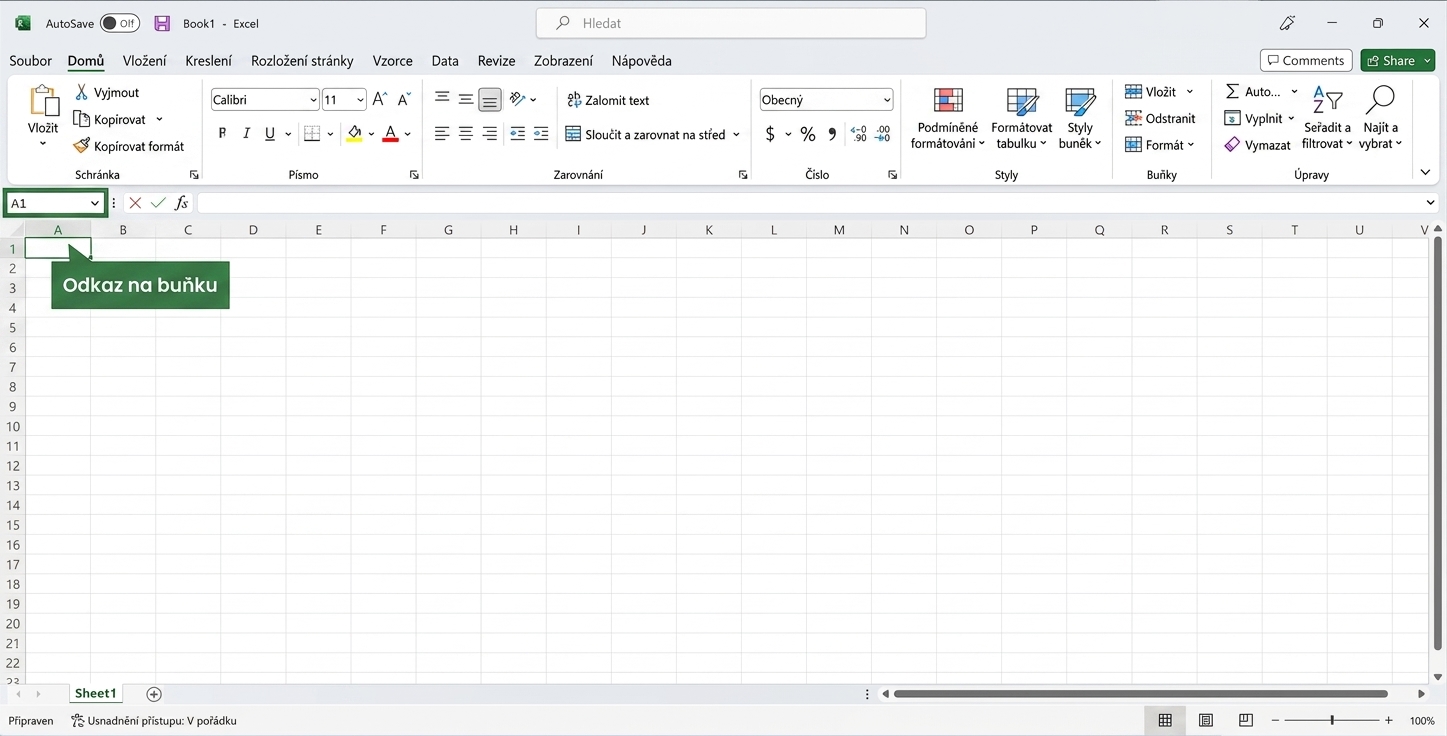 Soubor Excel se zvýrazněným odkazem na buňku