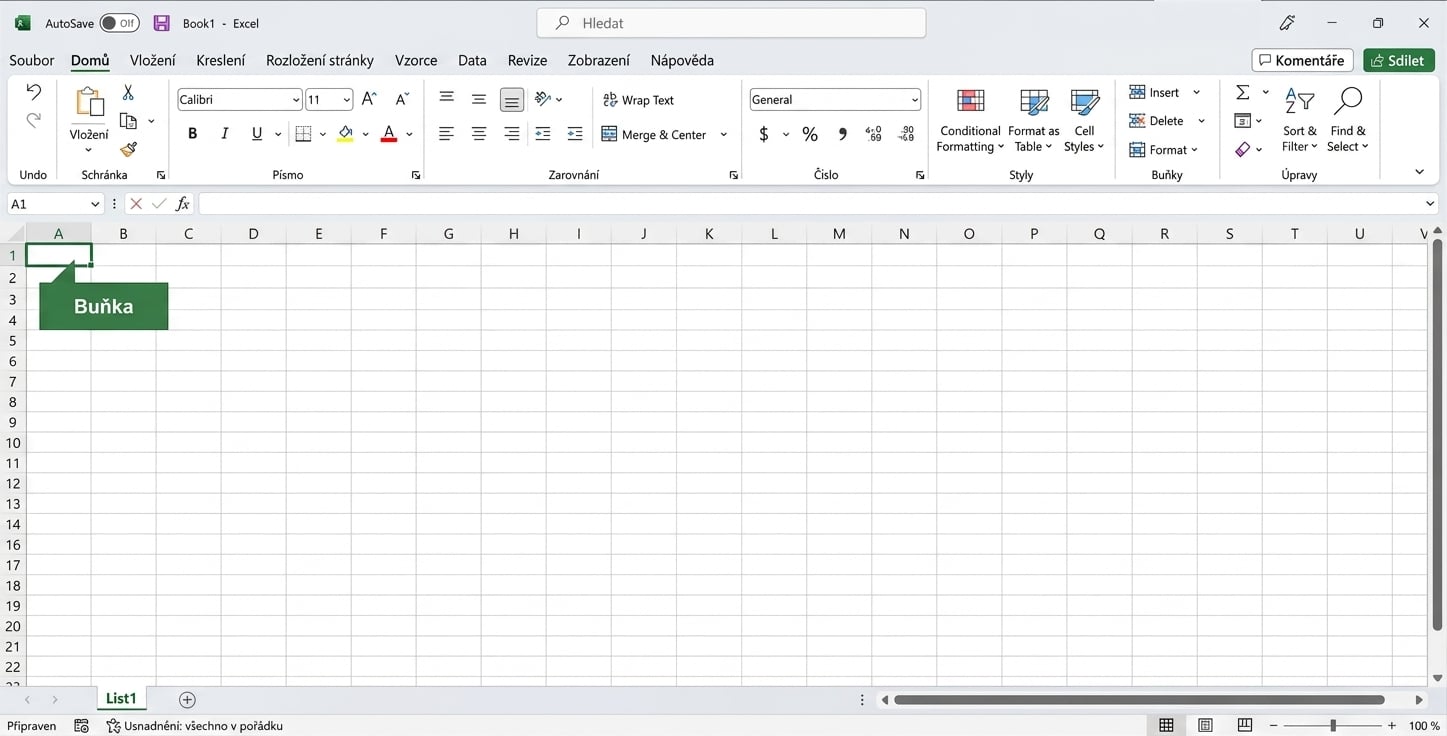 Soubor Excel se zvýrazněnou buňkou