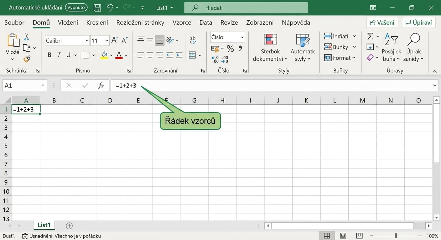 Soubor Excel se zvýrazněným řádkem vzorců