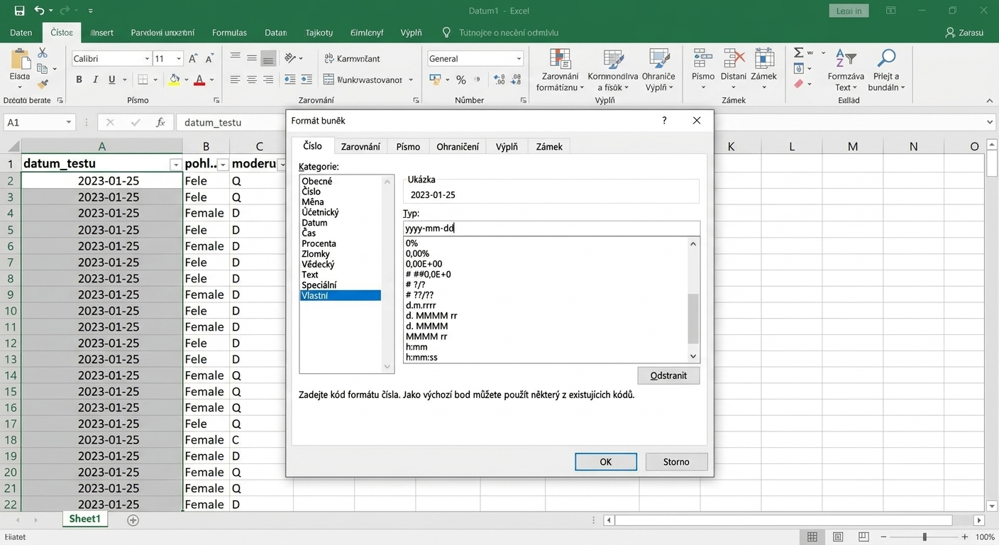 Snímek obrazovky dat s výsledky testů, kde je vybrán sloupec test_date a formát je měněn na vlastní formát