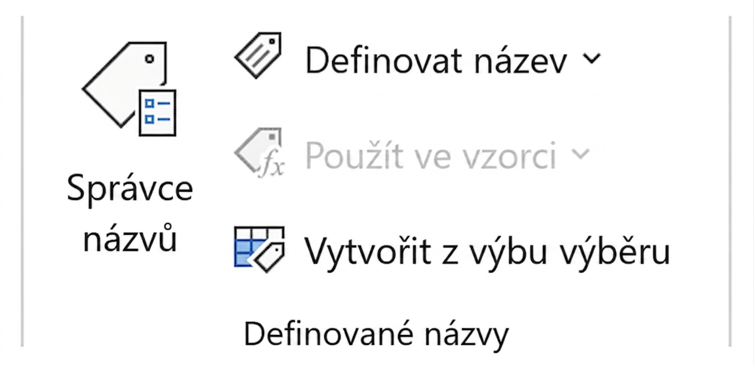 Obrázek funkcí v Excelu pro pojmenování oblastí buněk.