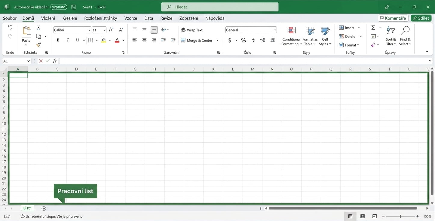 Soubor Excel se zvýrazněnou oblastí listu