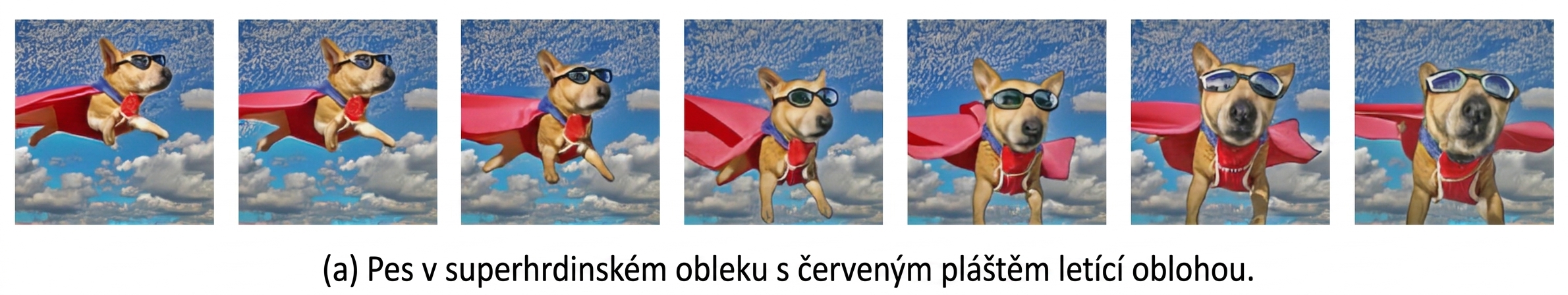 Snímky z AI generovaného videa s létajícím psem