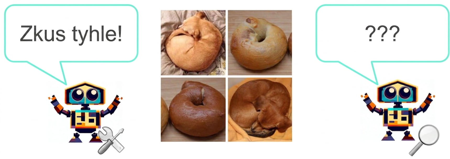 Kreslený generativní model vyzývá diskriminativní model obrázky štěňat stočených do tvaru, který se velmi podobá bagelům