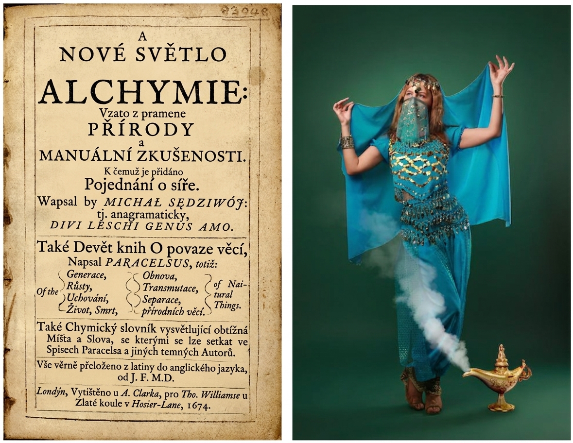 Obrázky alchymistického rukopisu a džina z kouzelné lampy