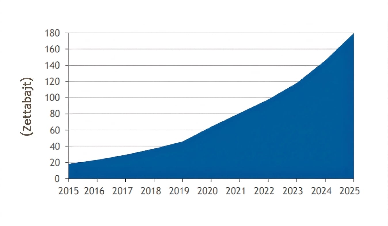 Graf znázorňující rychlý růst globální datasféry, od 20 zettabajtů v roce 2015 na 180 zettabajtů v roce 2025.