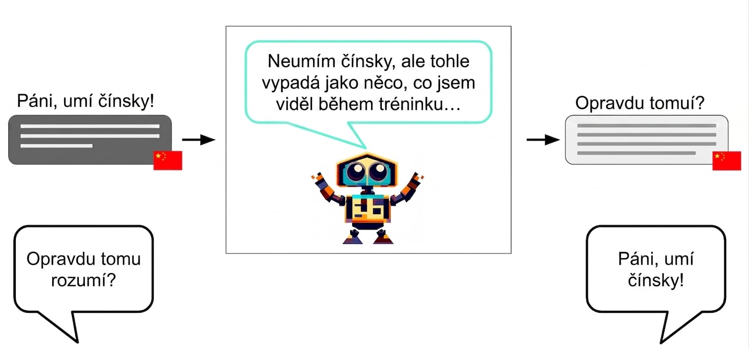 Robot dostává na vstupu čínské znaky a vydává čínské znaky. Uvnitř krabice si však říká: "Vlastně čínštině nerozumím, ale tohle vypadá jako to, co jsem viděl při trénování..."