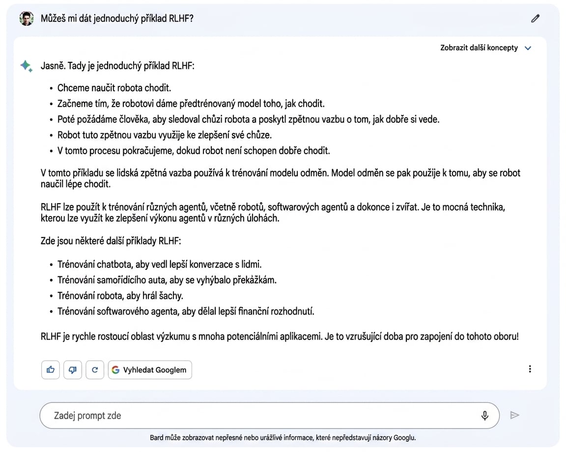 Snímek rozhraní Google Bard s zvýrazněnými tlačítky zpětné vazby „palec nahoru" a „palec dolů"