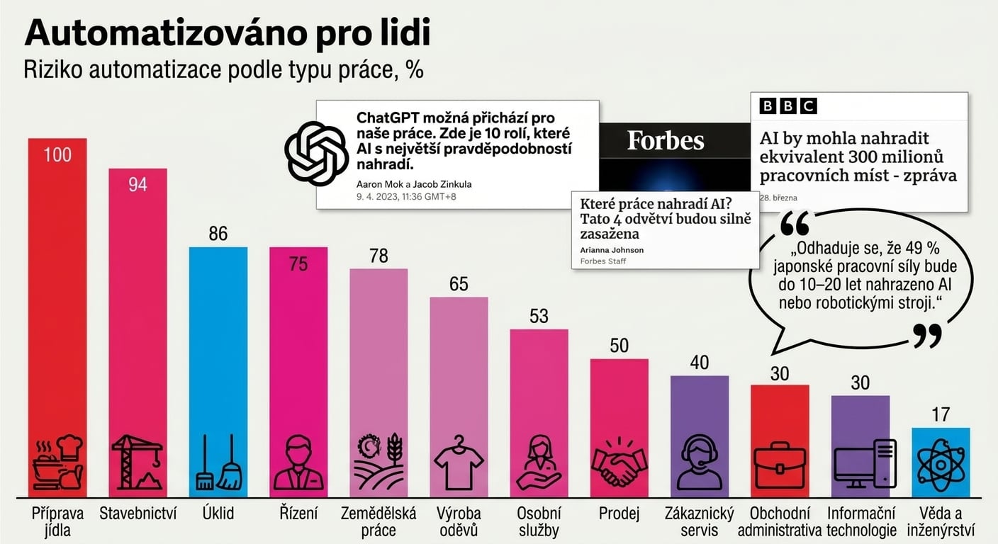 Titulky a grafy oznamující, jak AI nahradí různé profese