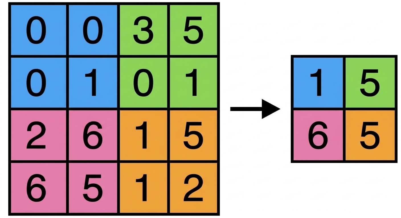 Matice 4×4, kde každý čtvrtletní blok 2×2 je označen jinou barvou, se po max poolingu stane maticí 2×2.