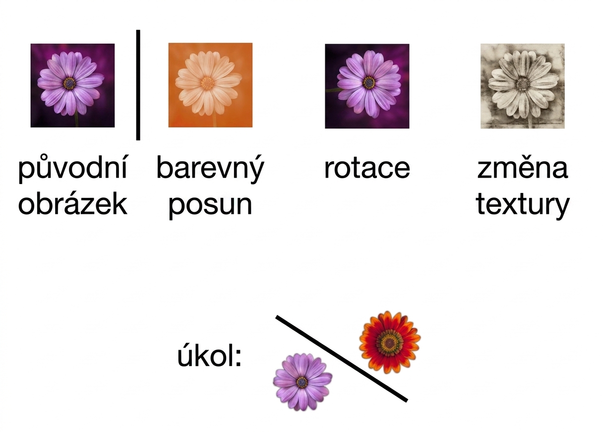 Image of a flower transformed in three ways: using rotation, color shift, and texture change.