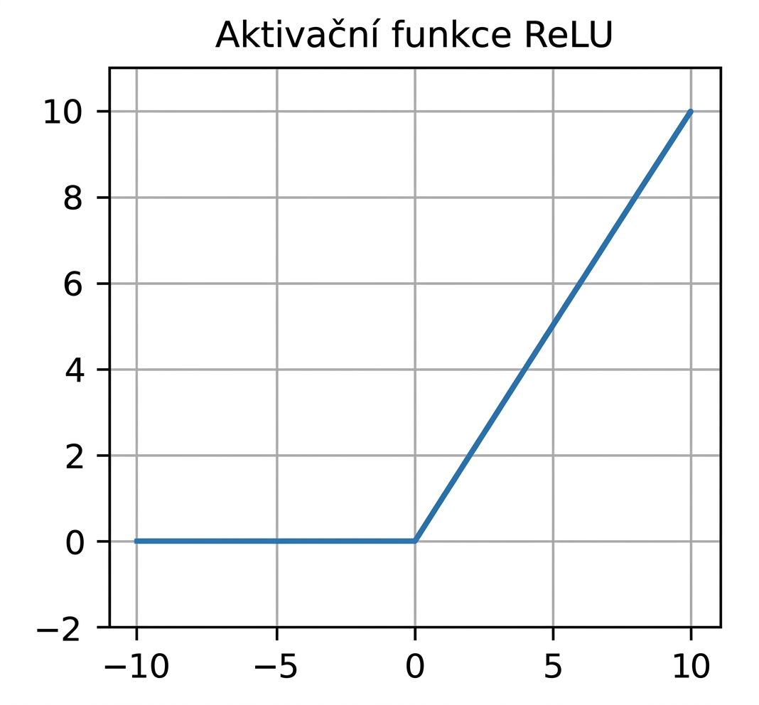 Graf znázorňující funkci ReLU. Pro hodnoty pod nulou je přímka vodorovná na nule; pro hodnoty nad nulou má kladný sklon.