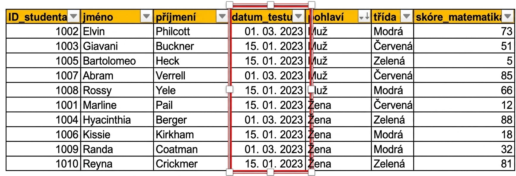 Příklad ručně vyplněné tabulky testovacích dat studentů v Excelu se zvýrazněným sloupcem test_date