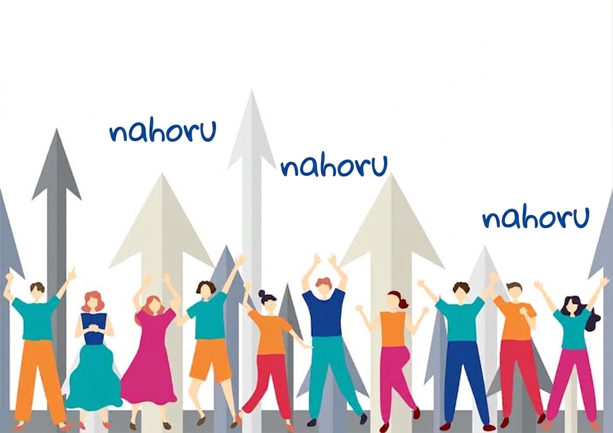 Obrázek lidí ukazujících a hledících nahoru, se šipkami směřujícími vzhůru a slovem „up" nad nimi.